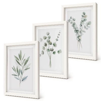 Juego de 3 cuadros decorativos Diseños vegetales en tonos verdes y grises.