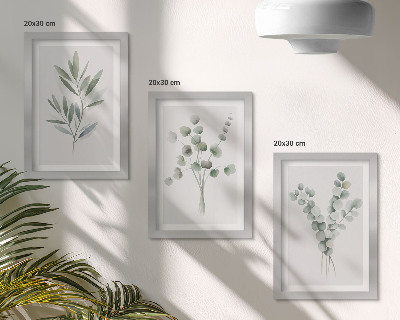 Juego de 3 cuadros decorativos Diseños vegetales en tonos verdes y grises.