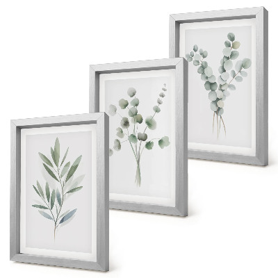 Juego de 3 cuadros decorativos Diseños vegetales en tonos verdes y grises.