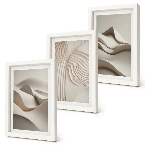 Juego de 3 cuadros decorativos con diseño de ondas y estructuras abstractas en tonos beige