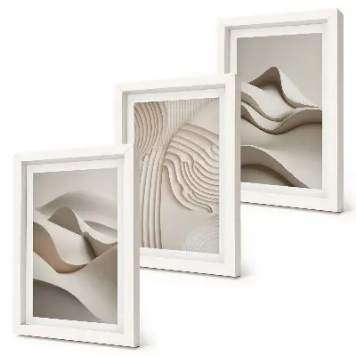 Juego de 3 cuadros decorativos con diseño de ondas y estructuras abstractas en tonos beige