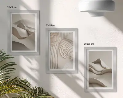 Juego de 3 cuadros decorativos con diseño de ondas y estructuras abstractas en tonos beige