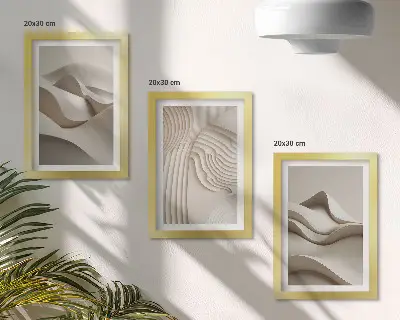 Juego de 3 cuadros decorativos con diseño de ondas y estructuras abstractas en tonos beige