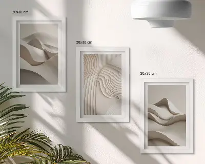 Juego de 3 cuadros decorativos con diseño de ondas y estructuras abstractas en tonos beige
