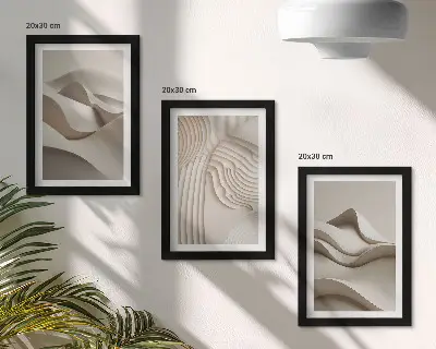 Juego de 3 cuadros decorativos con diseño de ondas y estructuras abstractas en tonos beige