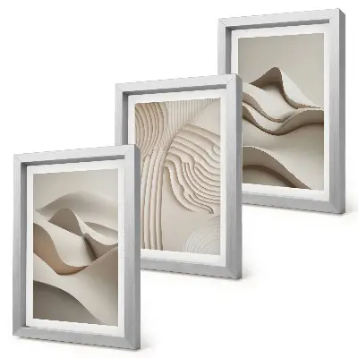 Juego de 3 cuadros decorativos con diseño de ondas y estructuras abstractas en tonos beige