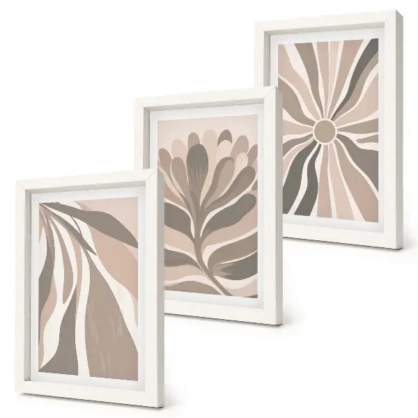 Tríptico enmarcado con diseños abstractos de plantas en tonos beige y marrón
