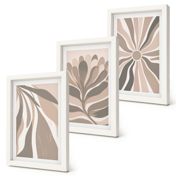 Tríptico enmarcado Diseños abstractos de plantas en tonos beige y marrón.