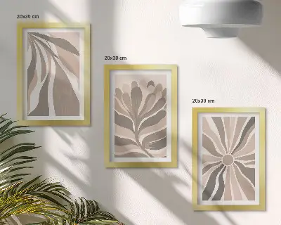 Tríptico enmarcado con diseños abstractos de plantas en tonos beige y marrón