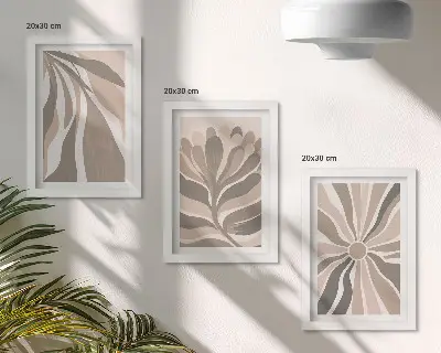 Tríptico enmarcado con diseños abstractos de plantas en tonos beige y marrón