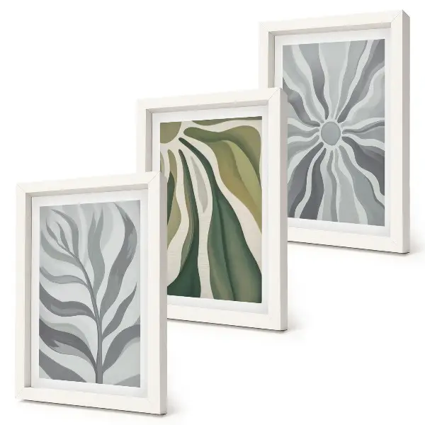 Juego de 3 cuadros decorativos con diseños vegetales en tonos verdes y grises