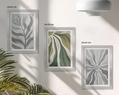 Juego de 3 cuadros decorativos con diseños vegetales en tonos verdes y grises