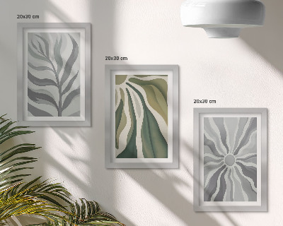 Juego de 3 cuadros decorativos Diseños vegetales en tonos verdes y grises.