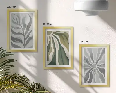 Juego de 3 cuadros decorativos con diseños vegetales en tonos verdes y grises