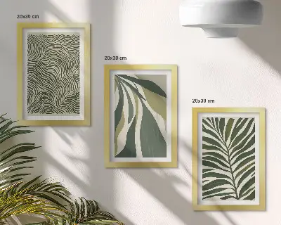 Tríptico enmarcado con diseño de hojas y líneas onduladas en tonos verdes