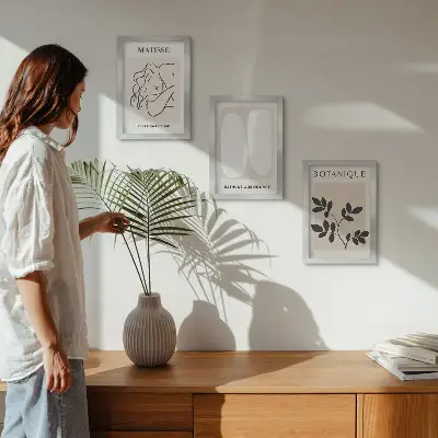 Tríptico de pinturas minimalistas de Matisse con motivos vegetales enmarcado