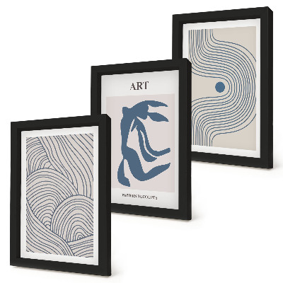 Juego de 3 cuadros decorativos Patrones abstractos de líneas y formas en tonos azules.