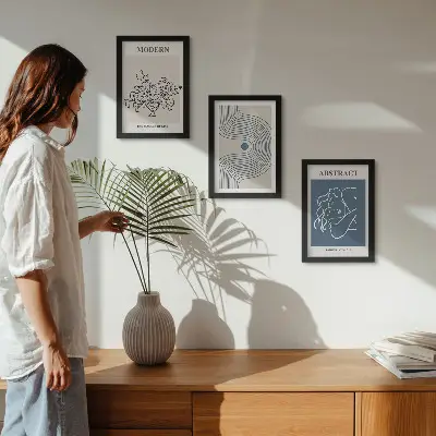 Tríptico enmarcado con carteles de líneas florales y formas abstractas