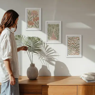 Juego de 3 cuadros decorativos con ilustraciones florales abstractas y onduladas en tonos pastel