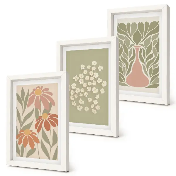 Tríptico enmarcado con motivos florales y estampados minimalistas de estilo bohemio