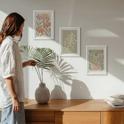 Tríptico enmarcado con motivos florales y estampados minimalistas de estilo bohemio