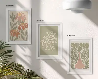 Tríptico enmarcado con motivos florales y estampados minimalistas de estilo bohemio