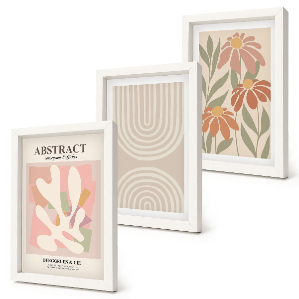 Juego de 3 cuadros decorativos Formas abstractas con motivos vegetales en tonos pastel.