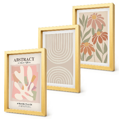 Juego de 3 cuadros decorativos Formas abstractas con motivos vegetales en tonos pastel.