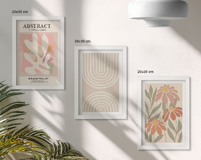 Juego de 3 cuadros decorativos Formas abstractas con motivos vegetales en tonos pastel.