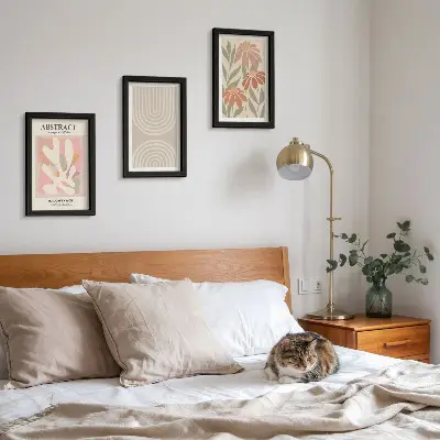 Juego de 3 cuadros decorativos con formas abstractas y motivos vegetales en tonos pastel