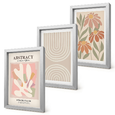 Juego de 3 cuadros decorativos Formas abstractas con motivos vegetales en tonos pastel.