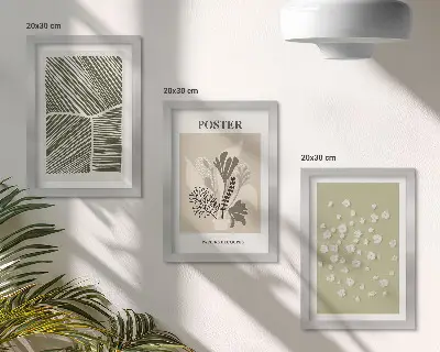 Tríptico enmarcado con motivos vegetales en colores y patrones sobrios