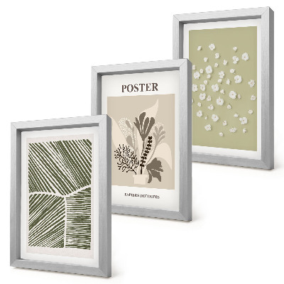 Tríptico enmarcado Motivos vegetales en colores y patrones sobrios.
