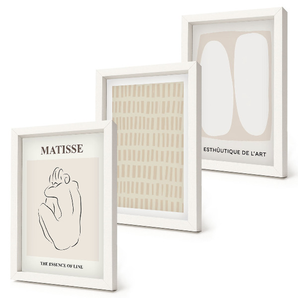 Juego de 3 cuadros decorativos Líneas y formas en tonos beige y blanco.