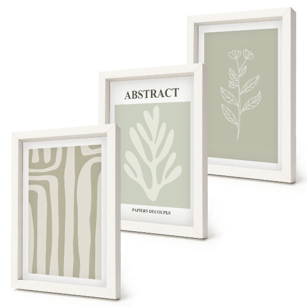Tríptico enmarcado Diseños abstractos de plantas en colores apagados.