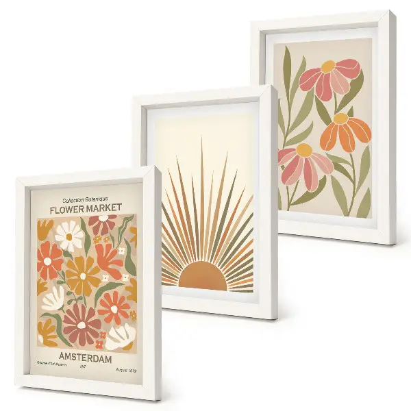 Juego de 3 cuadros decorativos con diseño de flores en colores pastel y rayos de sol