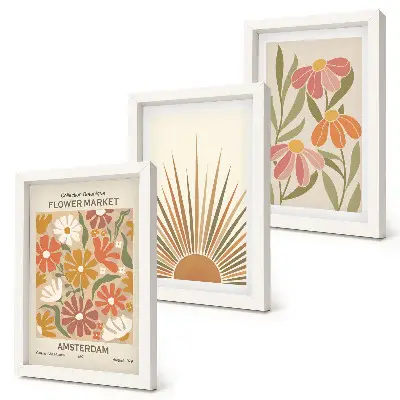 Juego de 3 cuadros decorativos con diseño de flores en colores pastel y rayos de sol