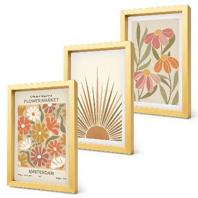Juego de 3 cuadros decorativos con diseño de flores en colores pastel y rayos de sol