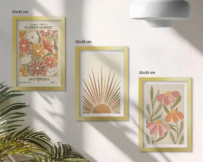 Juego de 3 cuadros decorativos con diseño de flores en colores pastel y rayos de sol