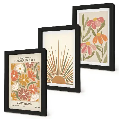 Juego de 3 cuadros decorativos con diseño de flores en colores pastel y rayos de sol