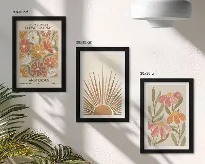 Juego de 3 cuadros decorativos con diseño de flores en colores pastel y rayos de sol