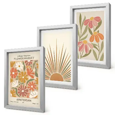 Juego de 3 cuadros decorativos con diseño de flores en colores pastel y rayos de sol