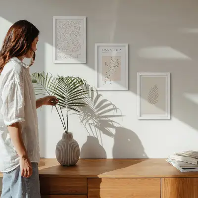 Tríptico enmarcado con motivos de diseño botánico minimalista
