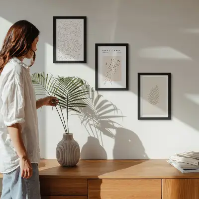 Tríptico enmarcado con motivos de diseño botánico minimalista