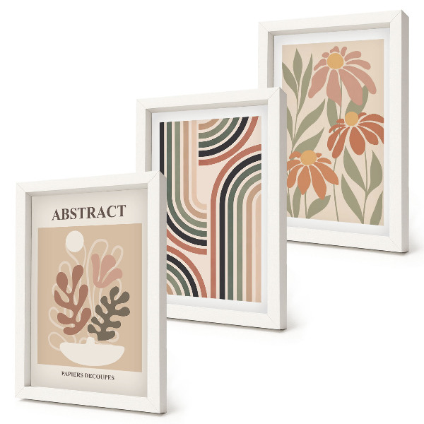 Juego de 3 cuadros decorativos Plantas y patrones abstractos en colores pastel.