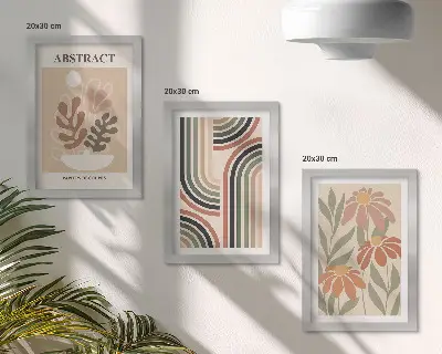 Juego de 3 cuadros decorativos con diseño de plantas y patrones abstractos en colores pastel