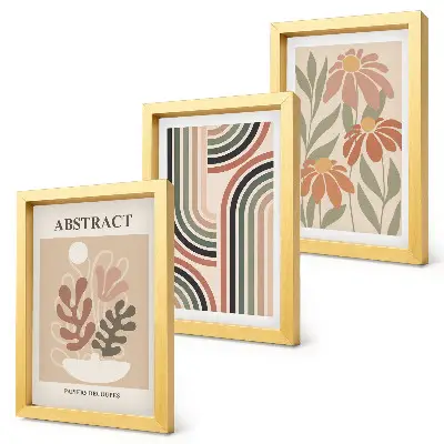 Juego de 3 cuadros decorativos con diseño de plantas y patrones abstractos en colores pastel