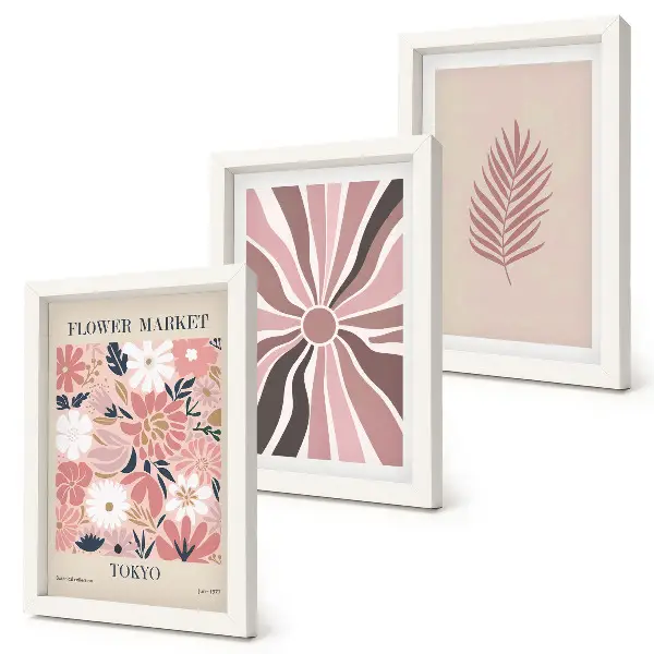 Juego de 3 cuadros decorativos con diseños florales de hojas y formas geométricas