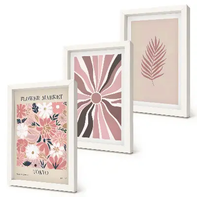 Juego de 3 cuadros decorativos con diseños florales de hojas y formas geométricas
