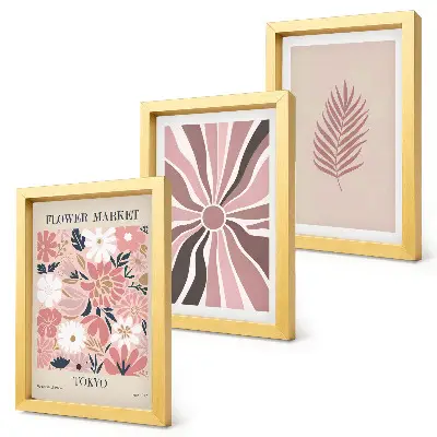 Juego de 3 cuadros decorativos con diseños florales de hojas y formas geométricas